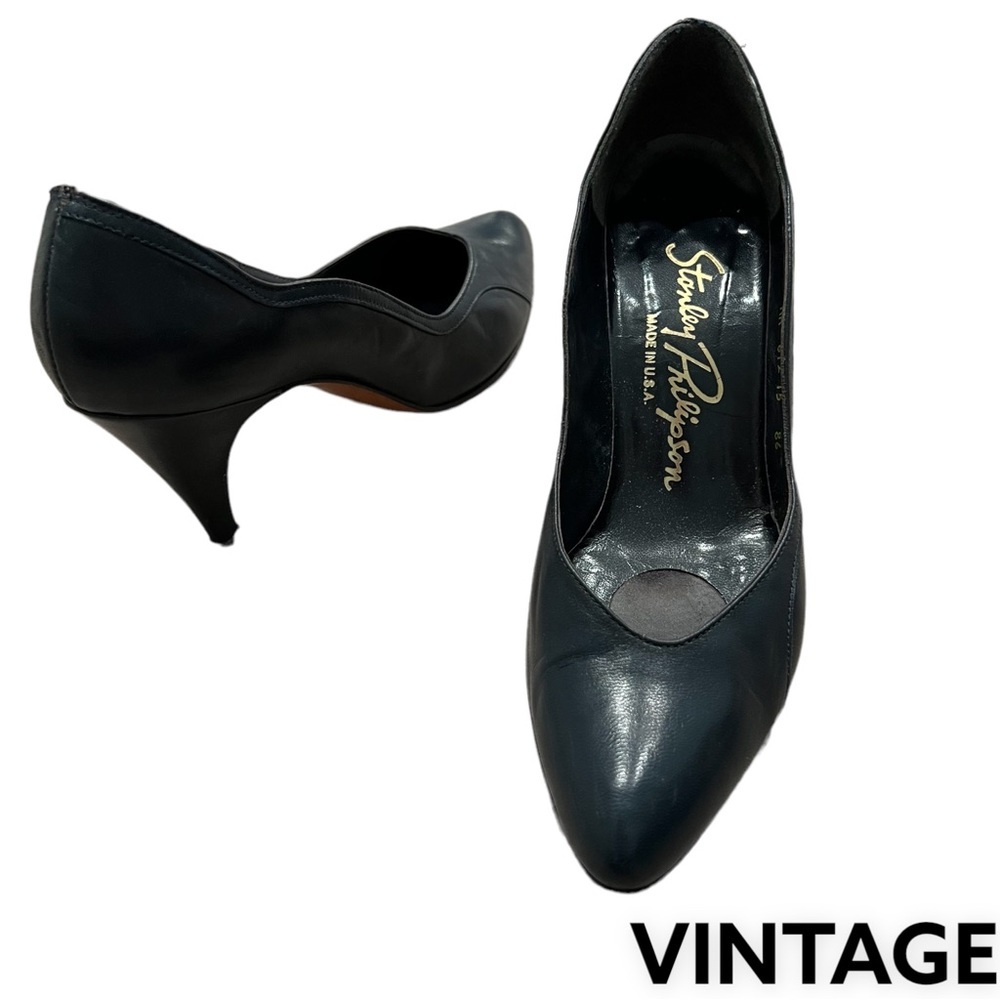 STANLEY PHILIPSON Heels Pumps Leather Dark Navy Blue Wavy Side Detail 6AAVintage